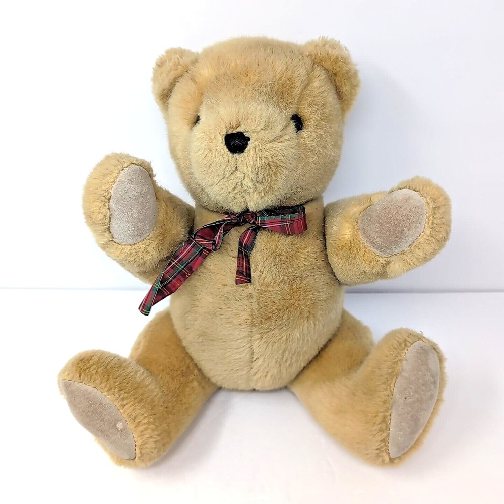 Vtg FAO Schwarz Fifth Avenue Jointed Teddy Bear Plush Plaid Bow Tie Korea 15"